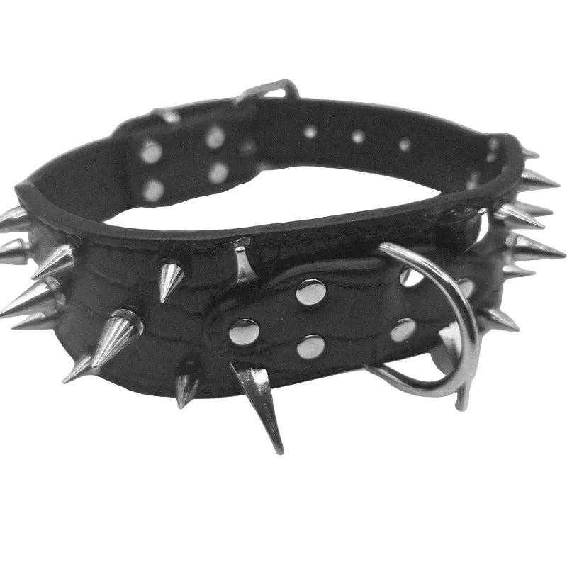 A black leather collar with sharp silver metal spikes and a large silver ring, photographed on a plain light background.