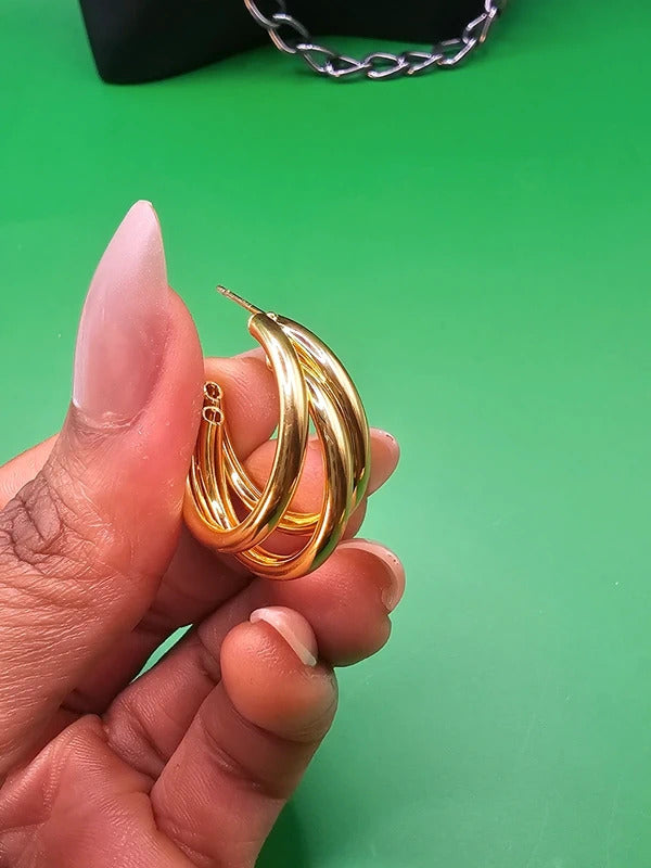 Gold Stainless Steel Triple Hoop Statement Earrings