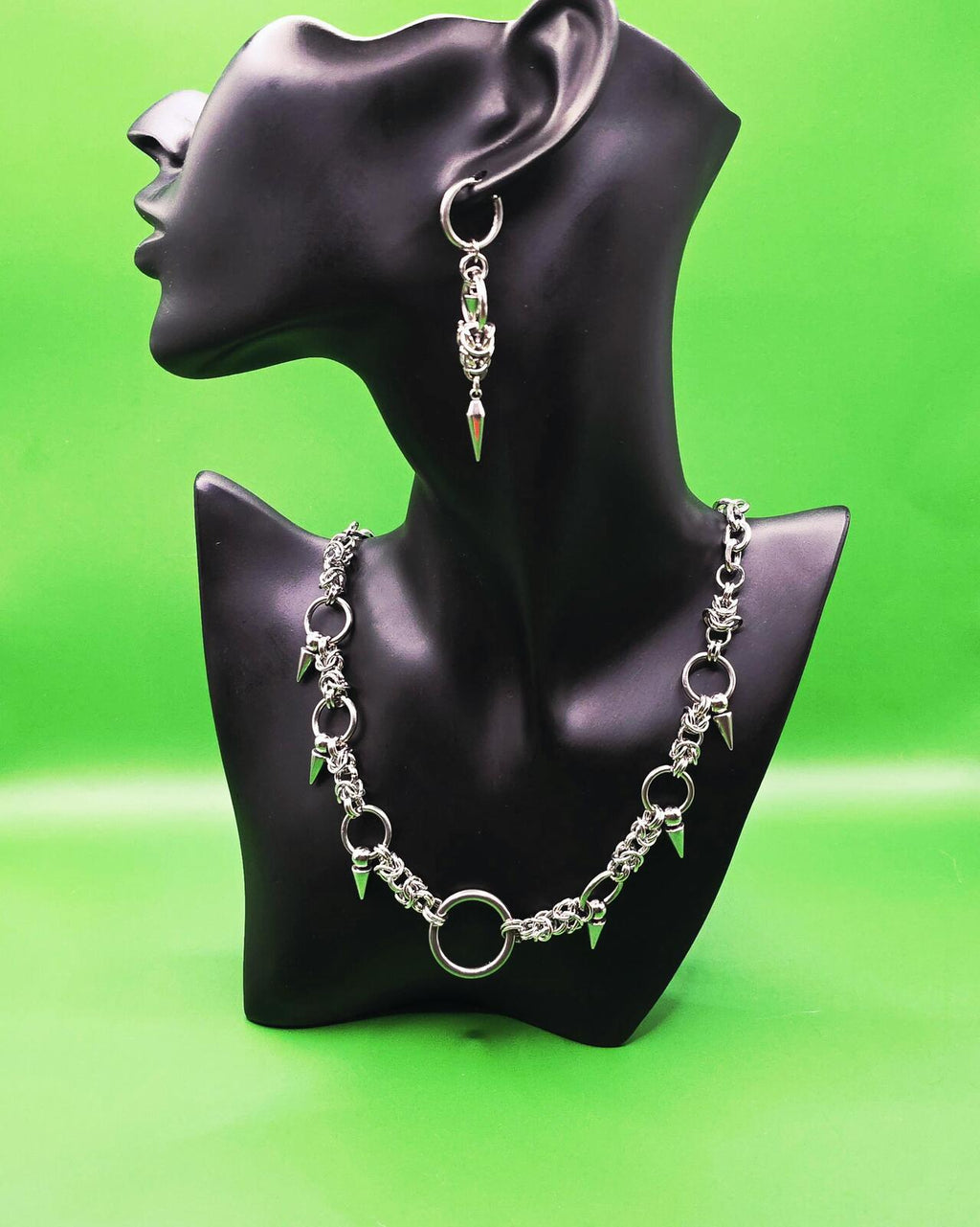 Gothic Spike  Necklace Patchwork Earring Set  Silver-Tone Stainless Steel Punk Jewelry