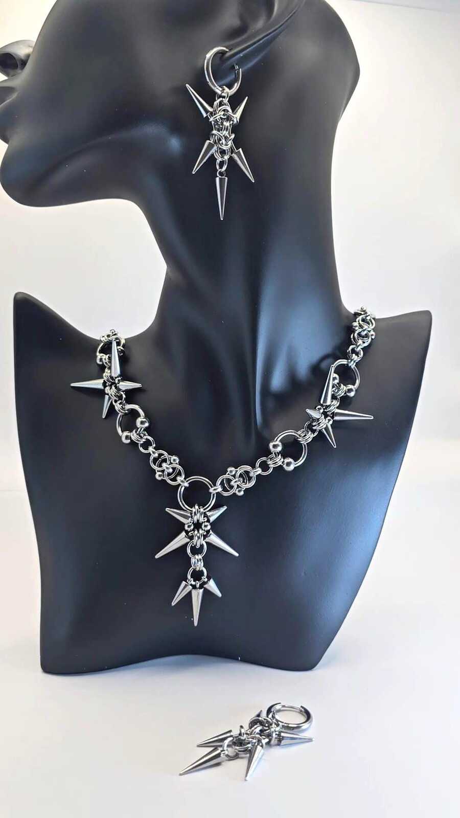 Gothic Spike Necklace Hoop Earring Set | Stainless Steel Punk Chain Jewelry