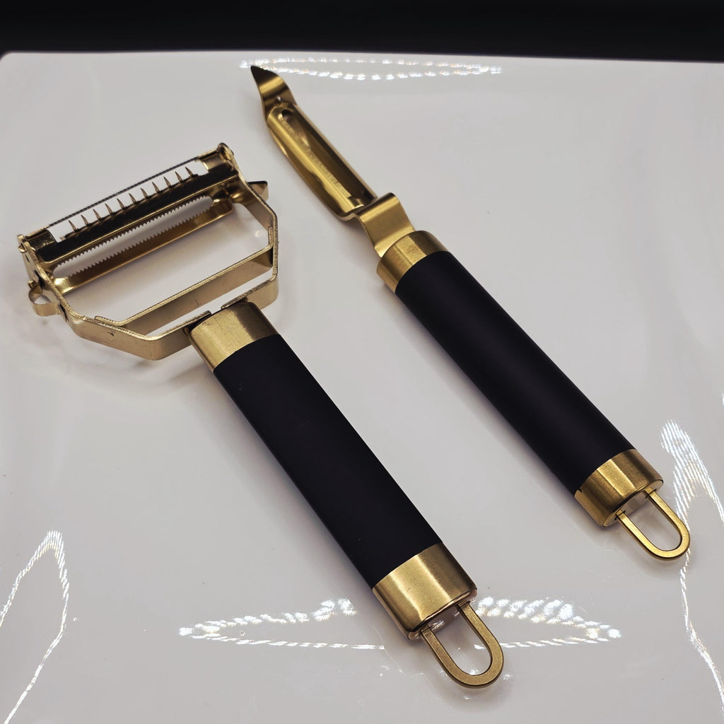 Gold Stainless Steel 4-in-1 Vegetable Peeler – Ergonomic Black Handle Kitchen Gadget