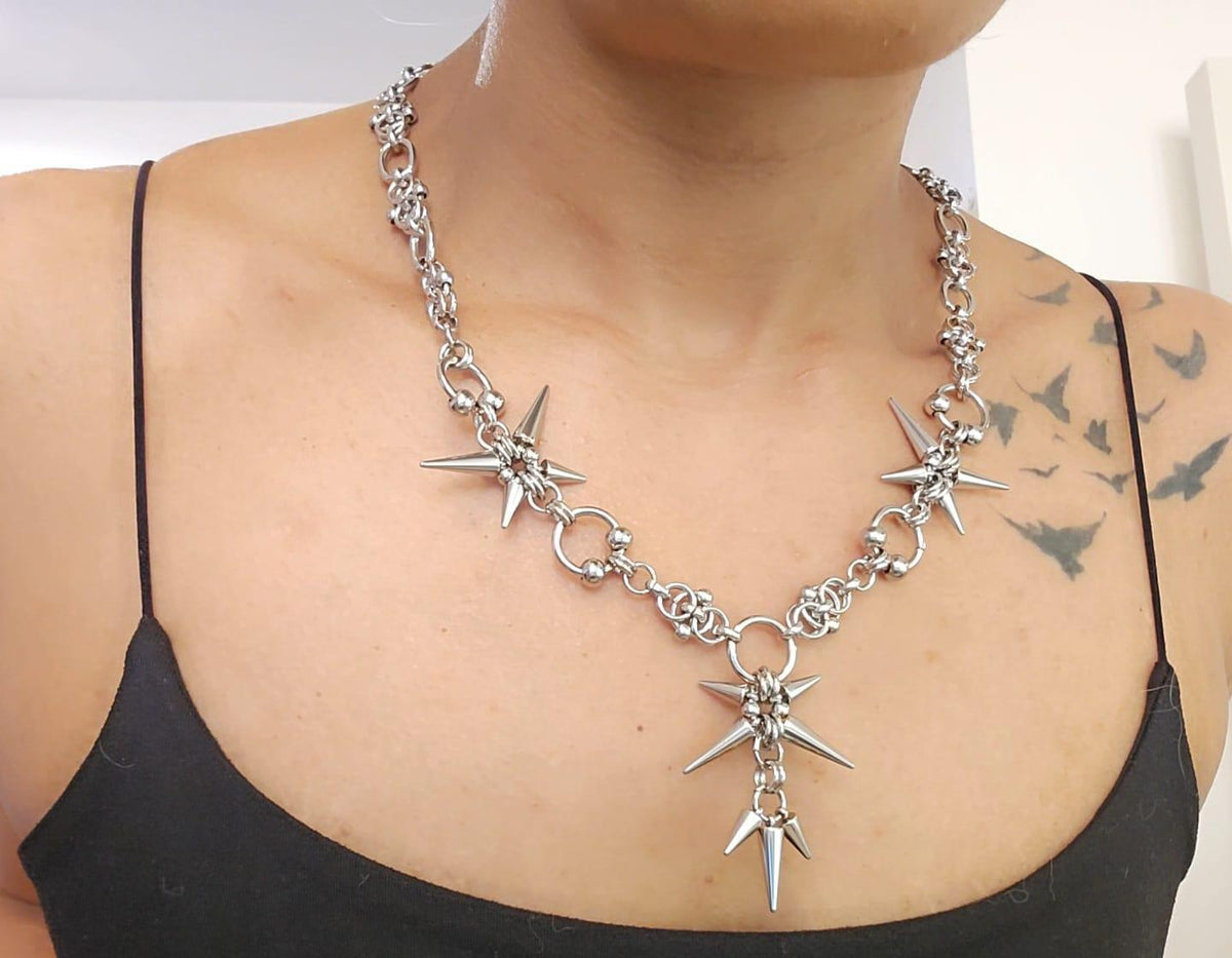 Gothic Spike Necklace Hoop Earring Set | Stainless Steel Punk Chain Jewelry