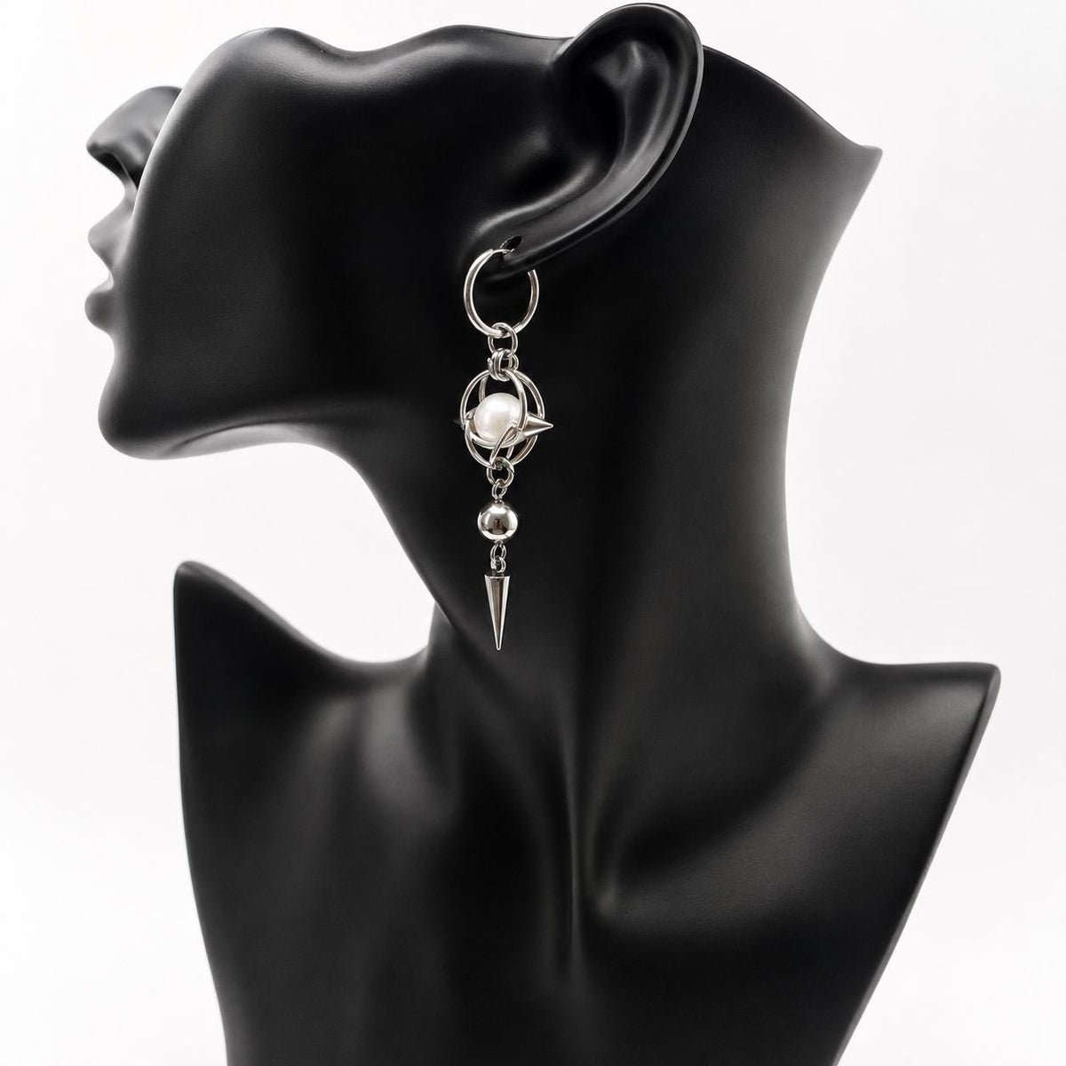Gothic Spike Rivet Pearl Accent  Huggie Hoop Punk Hippie  Earring Stainless Steel