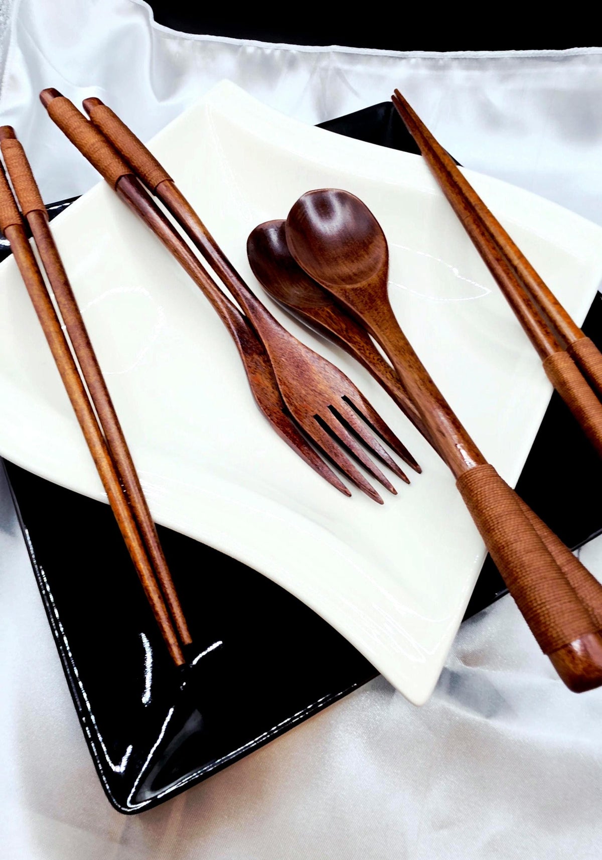 Japanese Wooden Style 4pc Chopsticks Spoon and Fork Set Eating Dinner Utensils