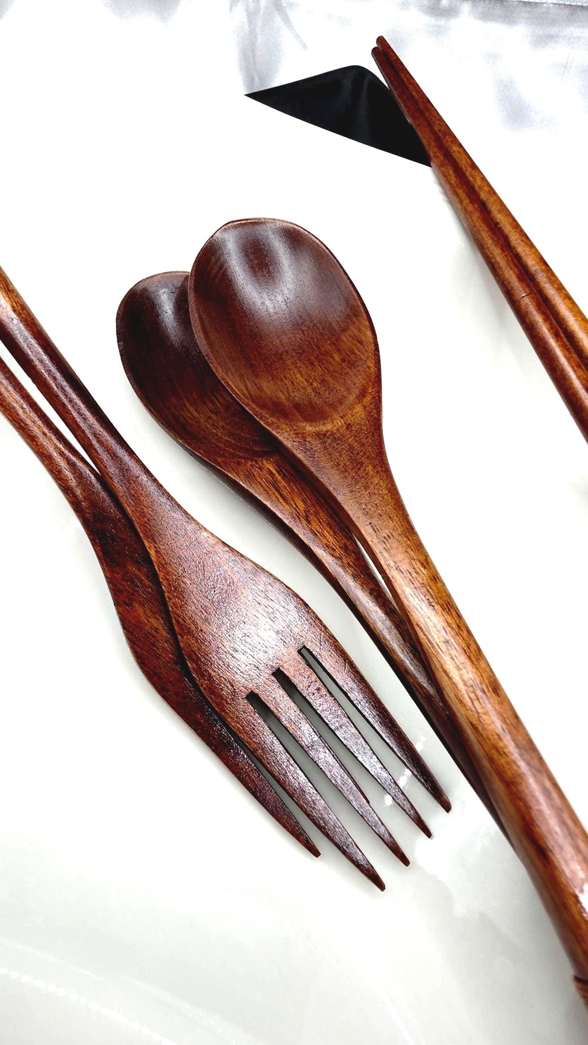 Japanese Wooden Style 4pc Chopsticks Spoon and Fork Set Eating Dinner Utensils