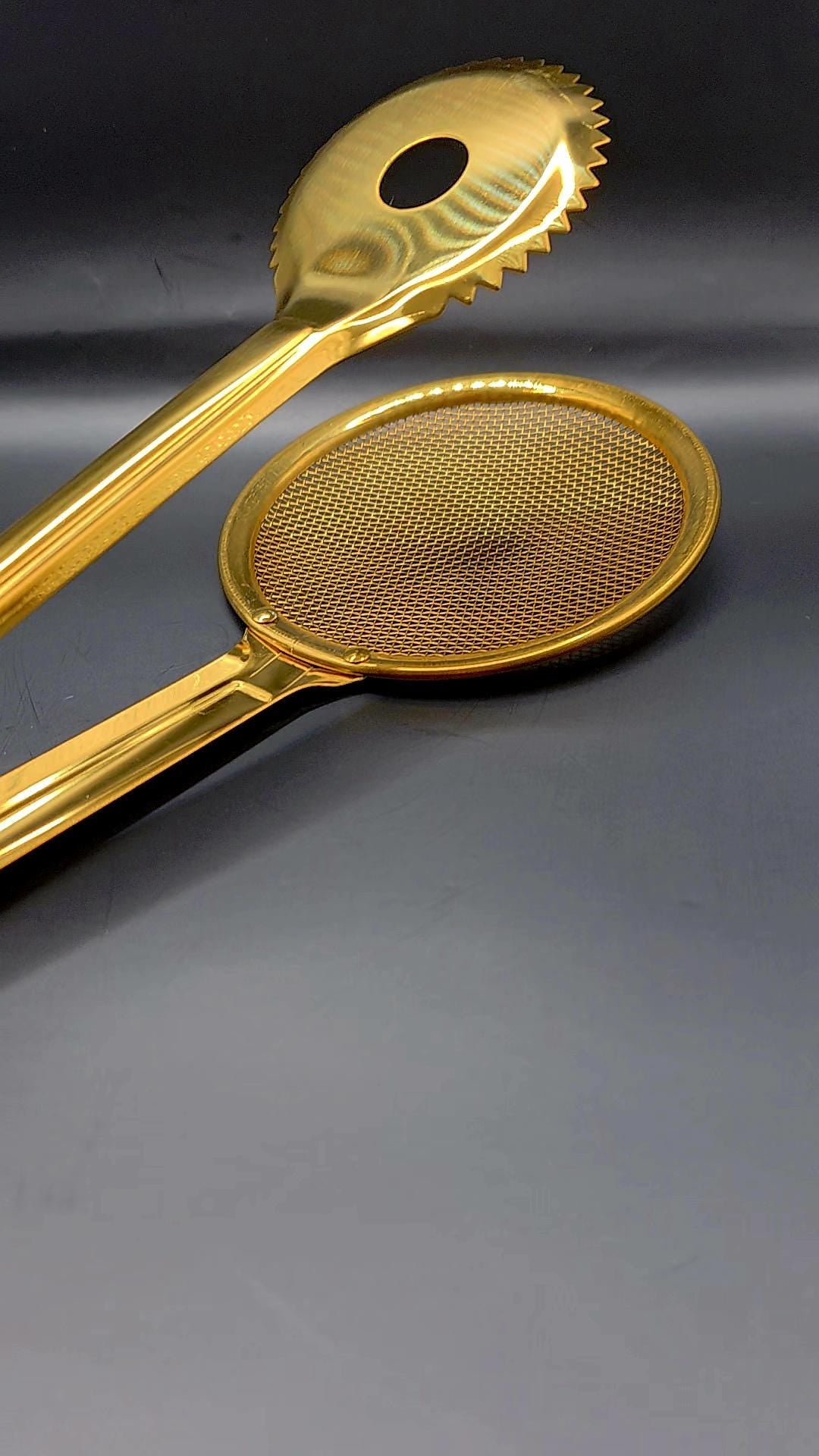 Gold Stainless Steel Frying Tongs with Strainer | Kitchen Cooking Utensil