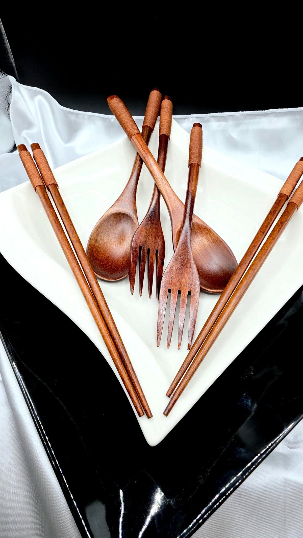 Japanese Wooden Style 4pc Chopsticks Spoon and Fork Set Eating Dinner Utensils