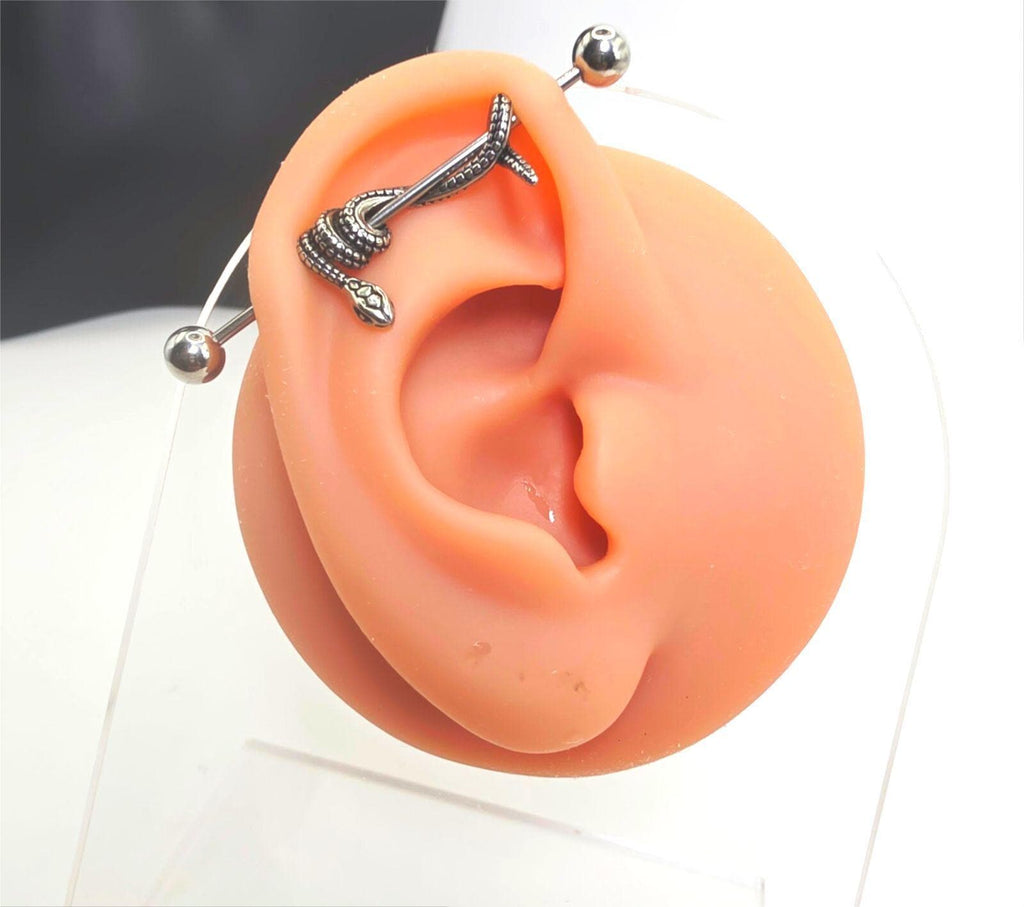 Industrial Barbell Ear Piercing with Snake Design