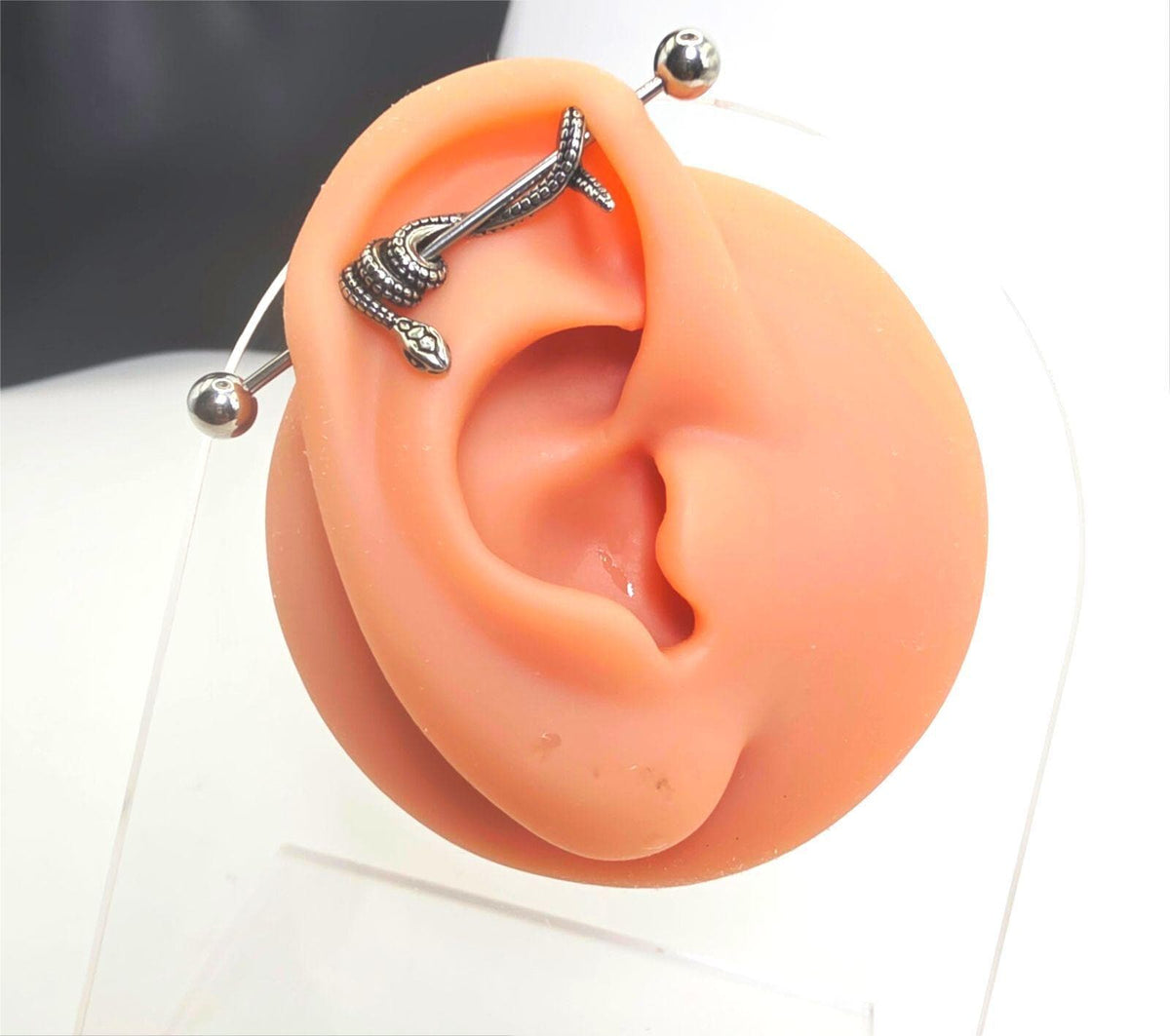 Industrial Barbell Ear Piercing with Snake Design