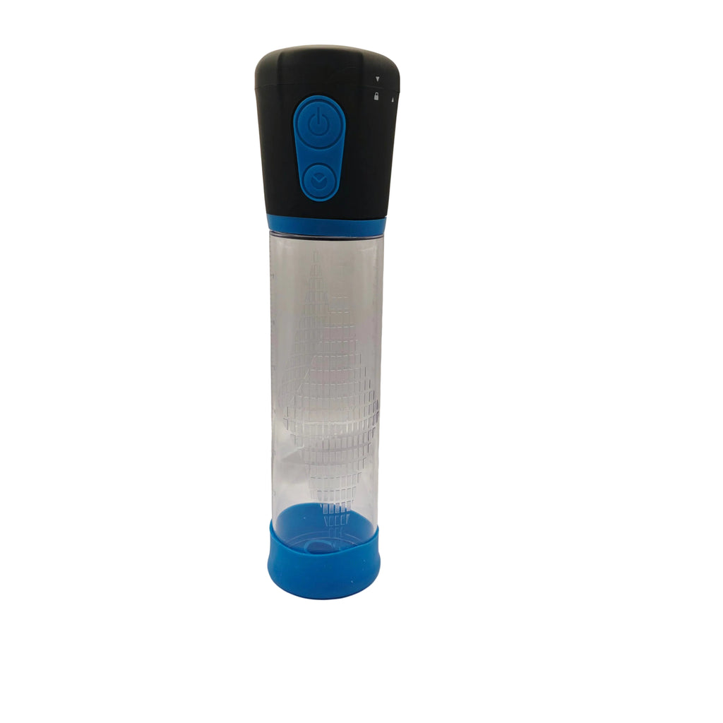 A portable electric penis pump bottle with a clear plastic body, a black top section with blue buttons, and a blue base, standing on a white surface against a white backdrop.