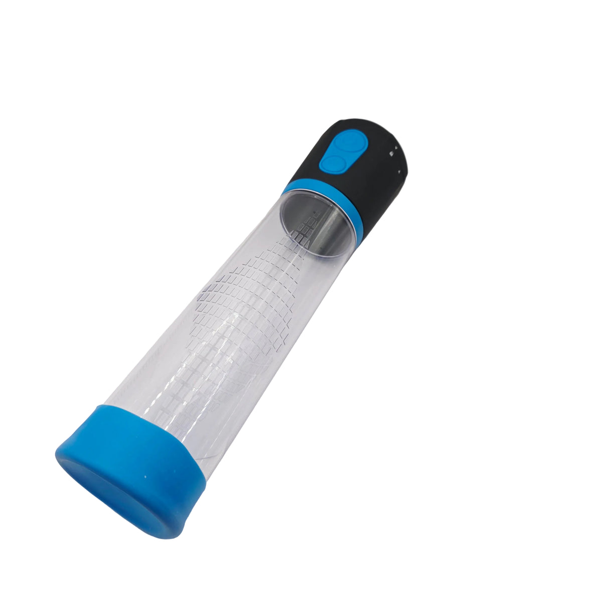 A clear plastic measuring cylinder with a black top cap, blue base, and blue accent ring, resting on a white sheet of paper.
