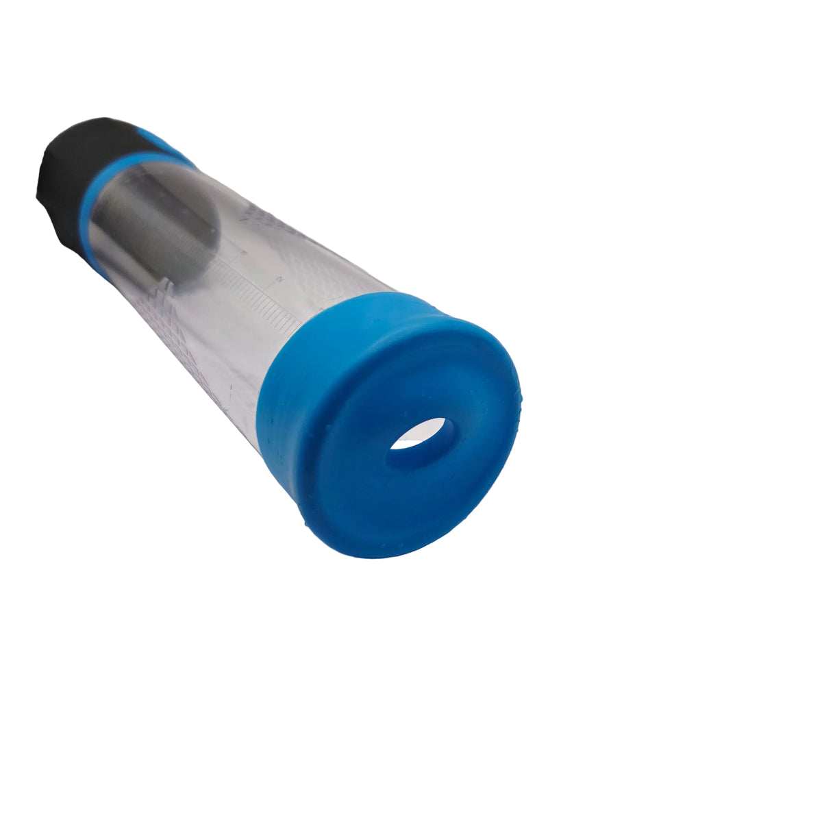 A clear plastic cylindrical tube with a bright blue circular end cap and a black top section, photographed on a white fabric background.