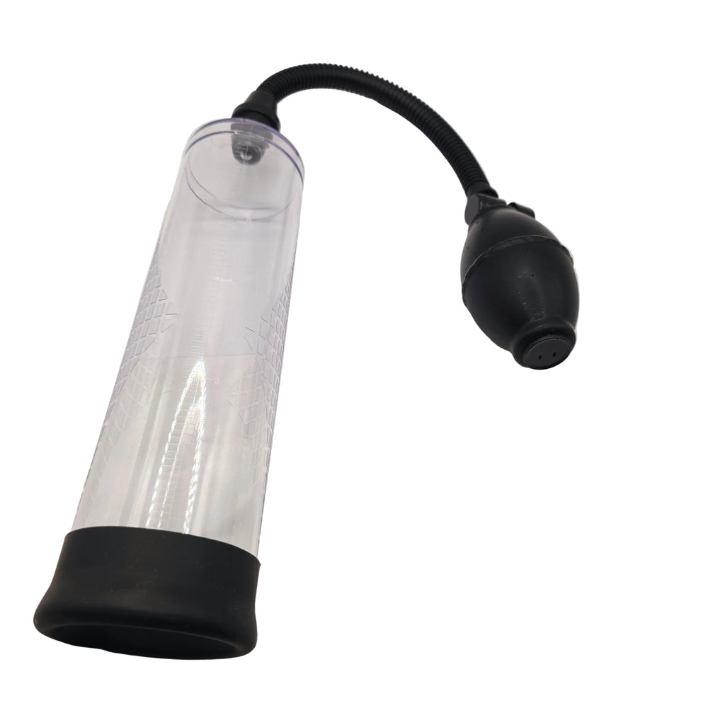 A clear cylindrical suction or pumping device with black rubber end caps and a black flexible hose, placed on white fabric.