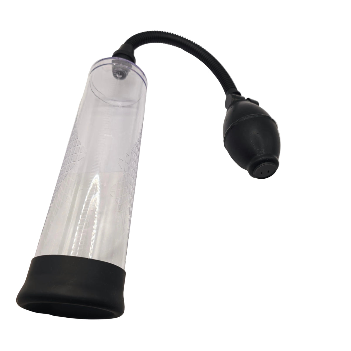 A clear cylindrical suction or pumping device with black rubber end caps and a black flexible hose, placed on white fabric.