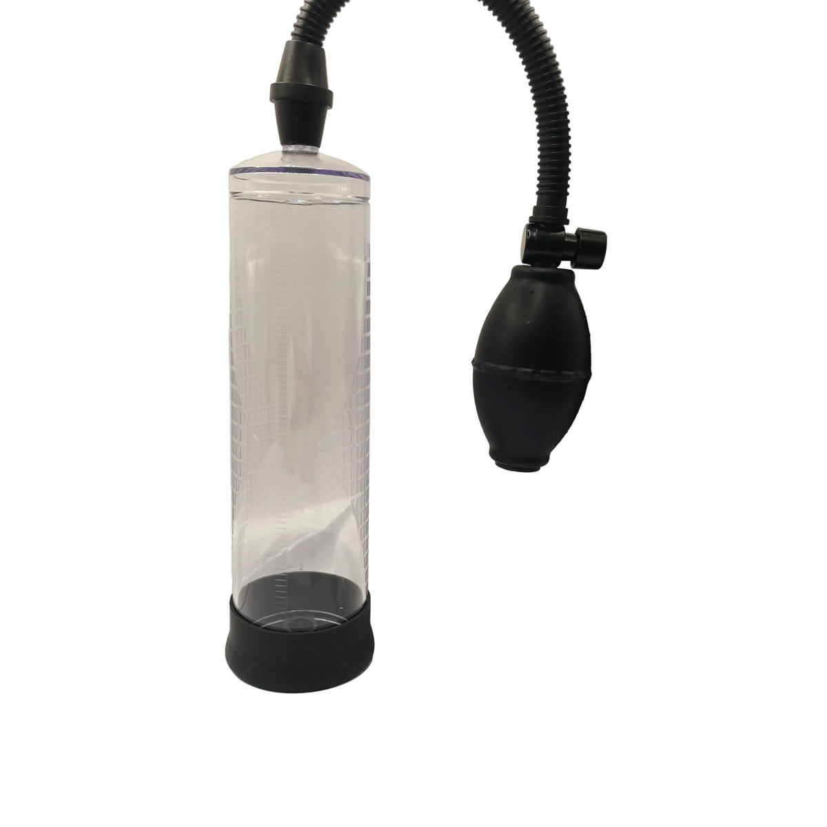 A clear cylindrical plastic container with a black base and a black flexible hose attached at the top, shown on a white draped surface with a textured silver backdrop.