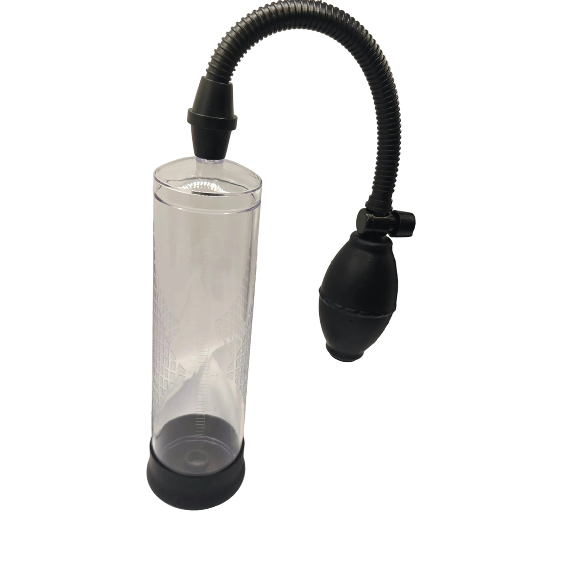 A clear cylindrical collection cup with a black base and a flexible black hose attached to a black bulb pump, set against a white backdrop with a textured silver reflective sheet.