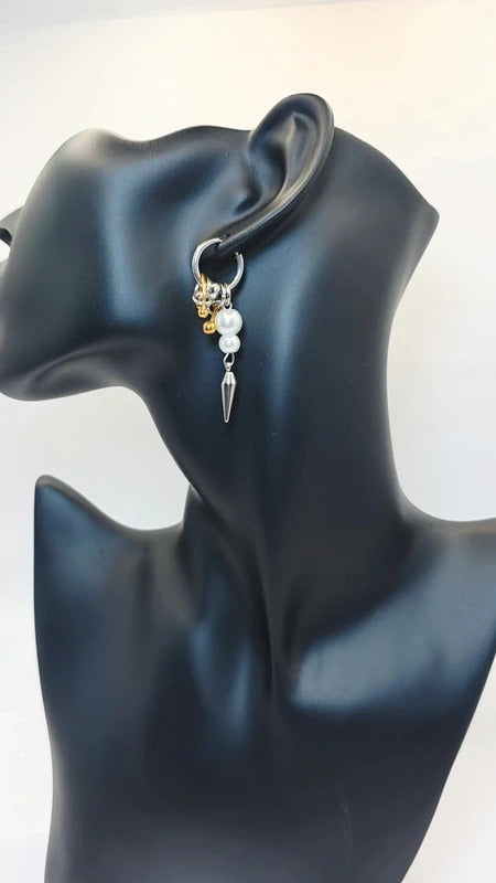Punk Pearl Spike Hoop Earrings – Mixed Gold & Silver Statement Drop Earrings