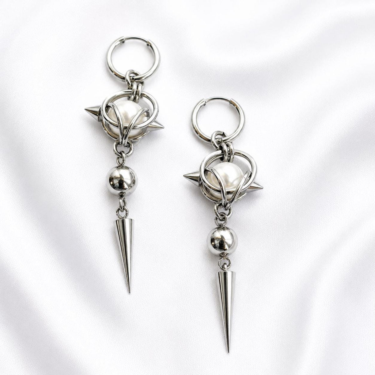 Gothic Spike Rivet Pearl Accent  Huggie Hoop Punk Hippie  Earring Stainless Steel