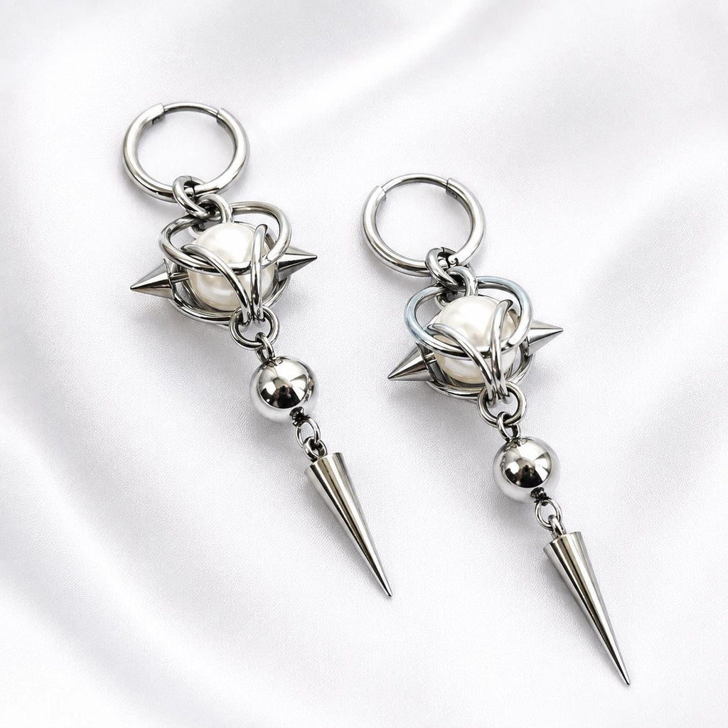 Gothic Spike Rivet Pearl Accent  Huggie Hoop Punk Hippie  Earring Stainless Steel