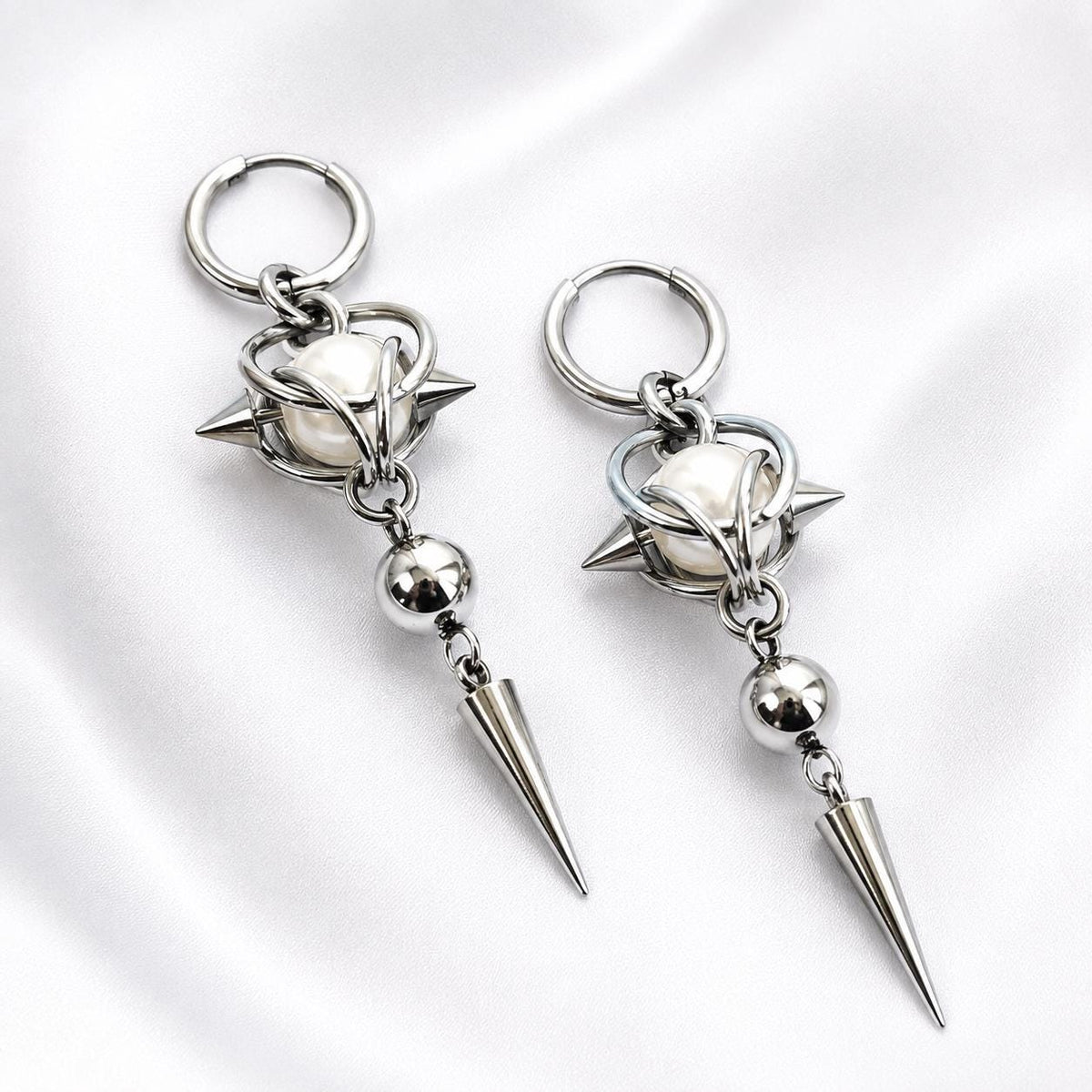 Gothic Spike Rivet Pearl Accent  Huggie Hoop Punk Hippie  Earring Stainless Steel