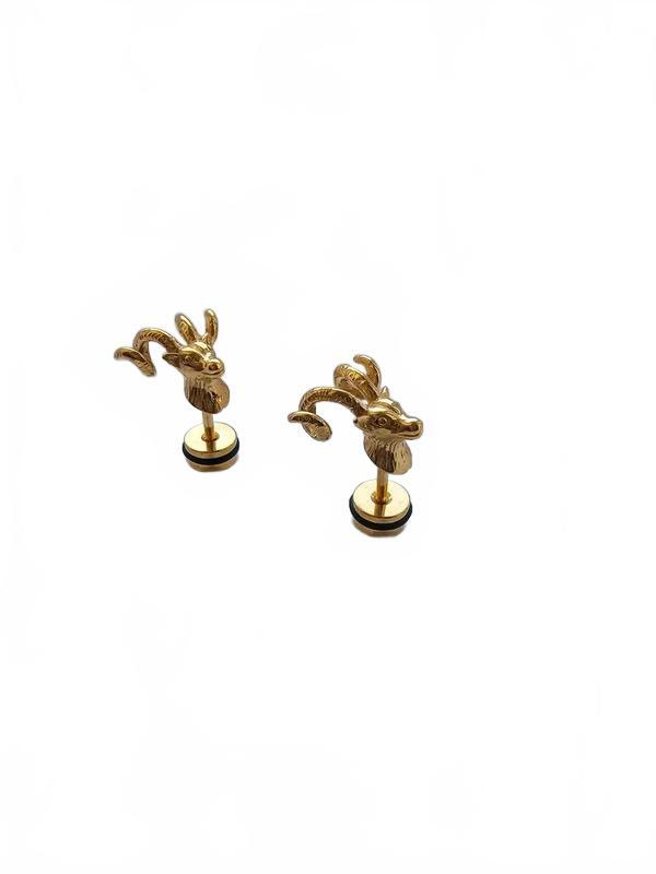 A pair of gold-toned stud earrings shaped like stylized deer heads with curved antlers, mounted on small round posts with black circular accents, shown on a plain white background.