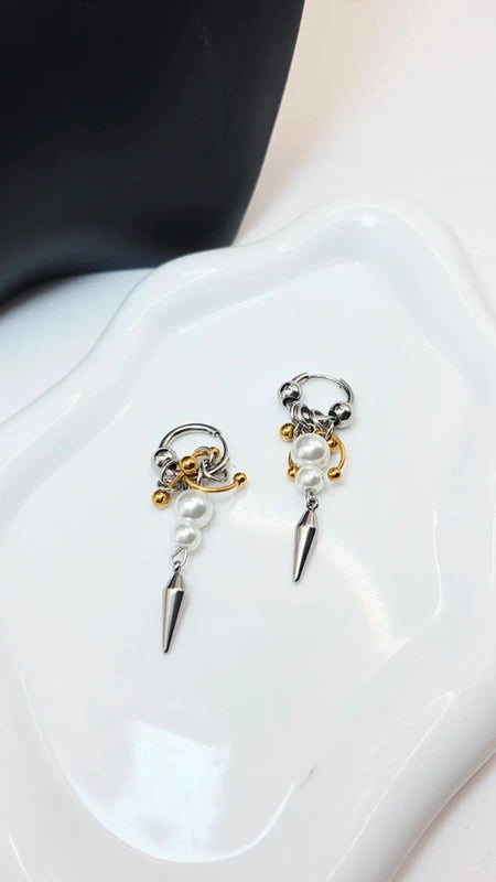 Punk Pearl Spike Hoop Earrings – Mixed Gold & Silver Statement Drop Earrings