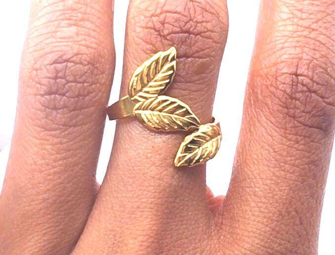 18k Gold Plated Adjustable Leaf Design Ring for Women  Stainless Steel, Contemporary Style