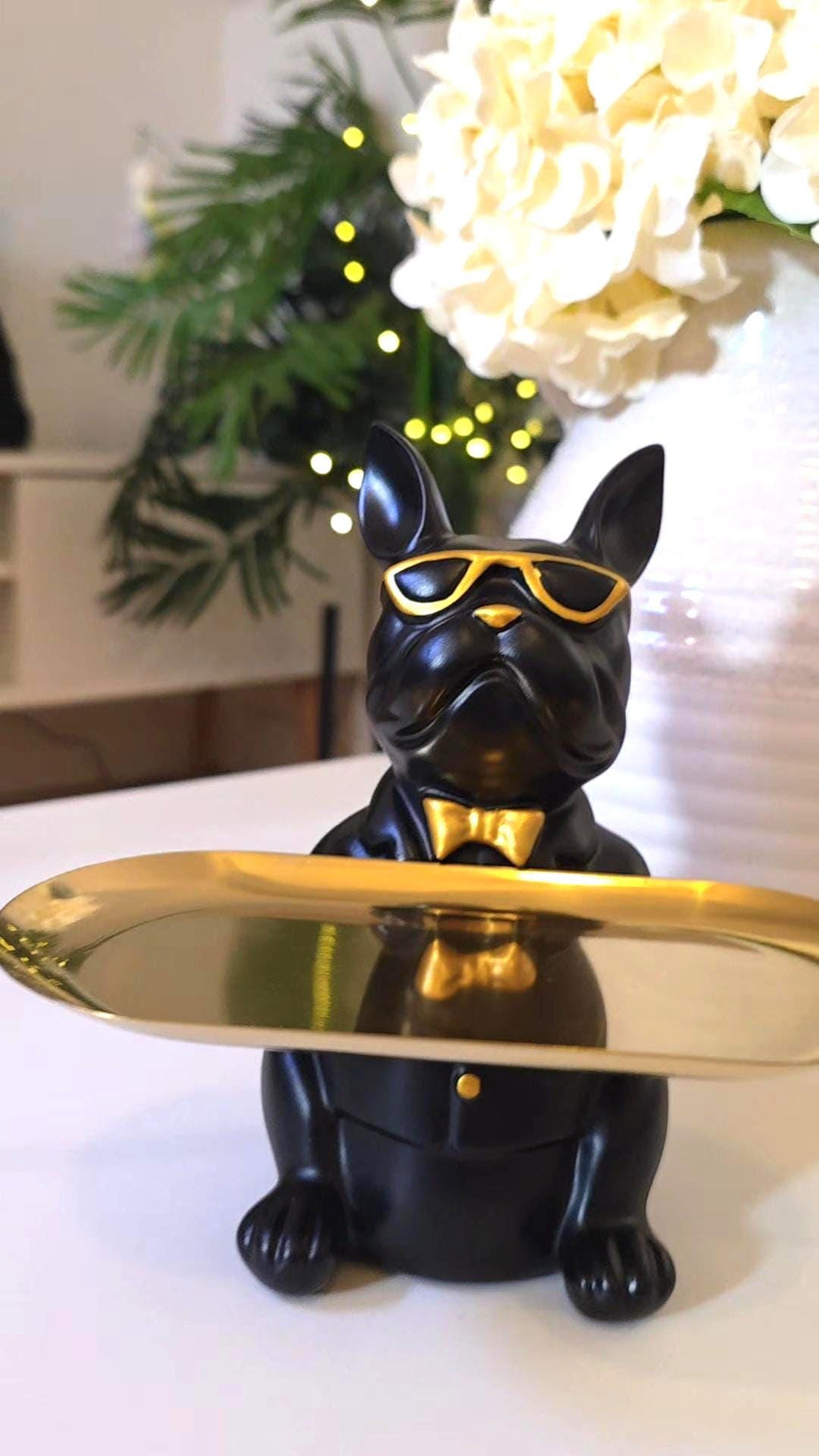 Black French Bulldog Key Holder Tray | Gold Sunglasses, Bowtie Catchall Organizer