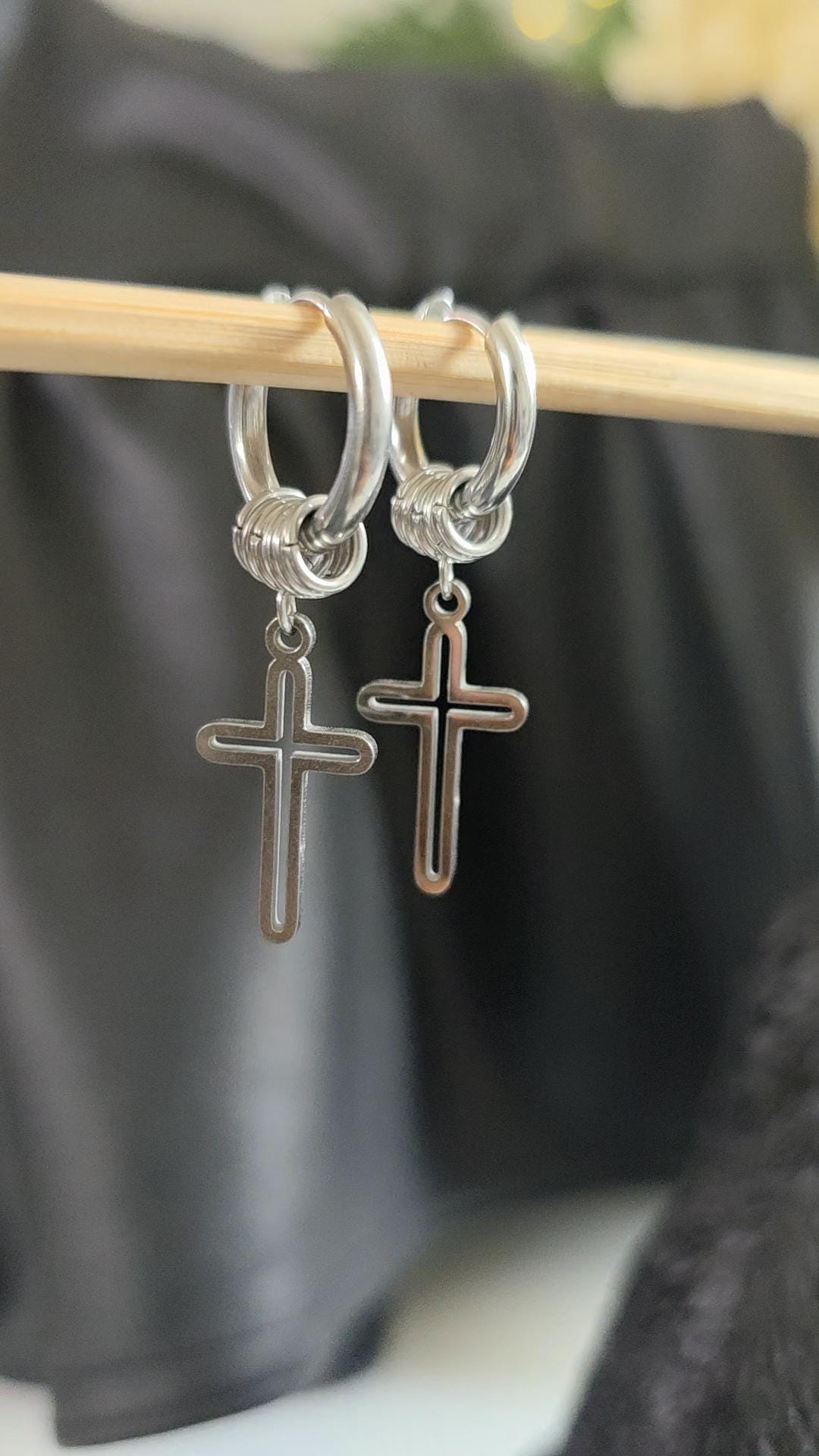Huggie Hoop Cross Charm Earrings Stainless Steel  Punk Hippie Dangle Spring  Jewelry