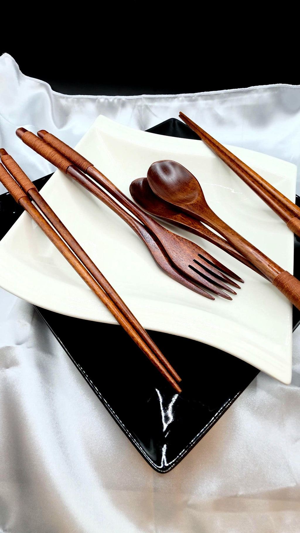 Japanese Wooden Style 4pc Chopsticks Spoon and Fork Set Eating Dinner Utensils