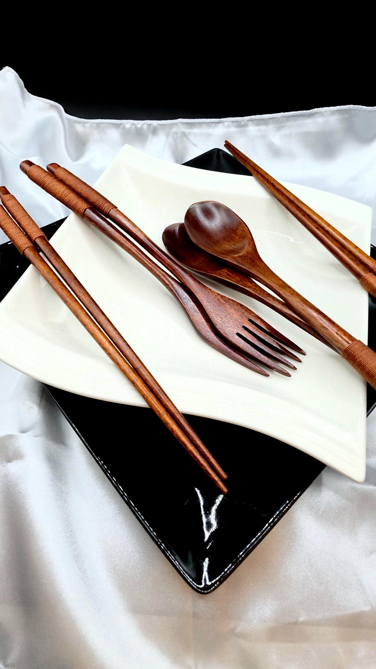 Japanese Wooden Style 4pc Chopsticks Spoon and Fork Set Eating Dinner Utensils