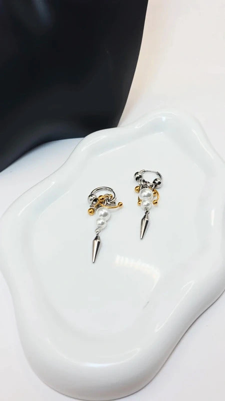 Punk Pearl Spike Hoop Earrings – Mixed Gold & Silver Statement Drop Earrings
