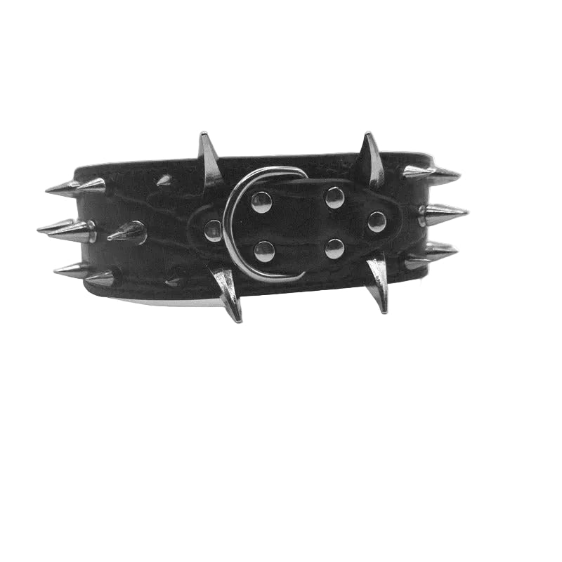 A black leather spiked collar with silver-toned metal spikes and a central metal ring detail, photographed on a neutral gray background.