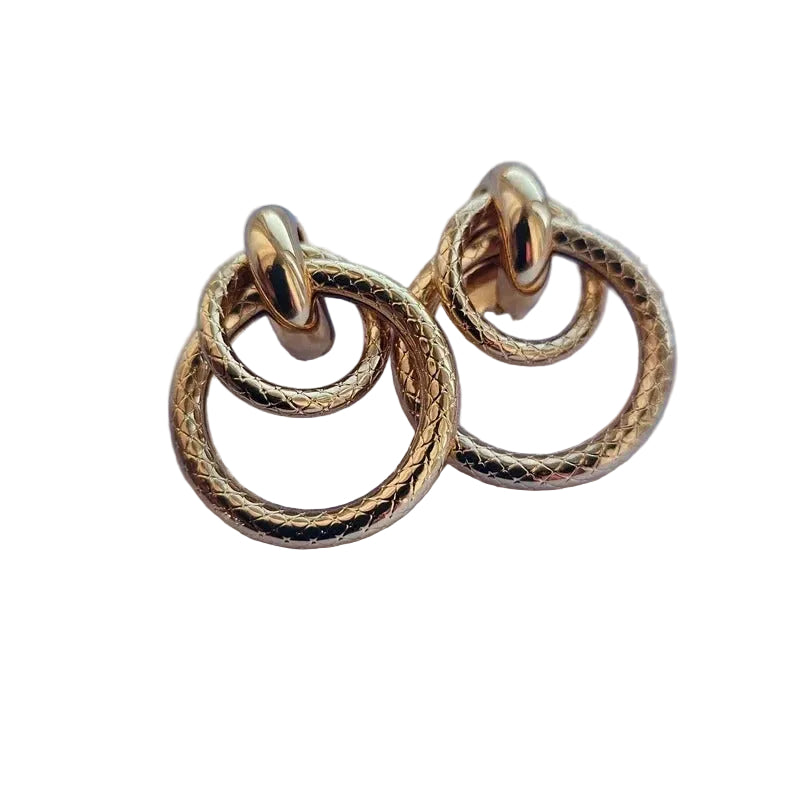 Gold Stainless Steel Double Hoop Drop Earrings –Textured Statement Earrings