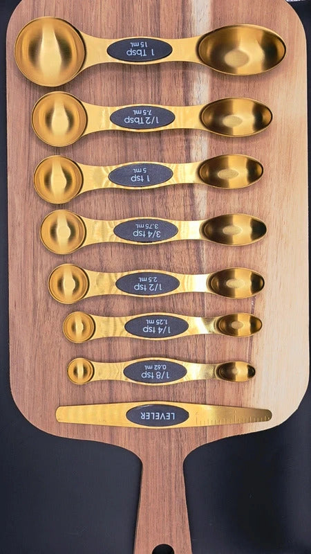 Eight pc Magnetic Measuring Spoons with Ruler  Stainless Steel Gold and Black