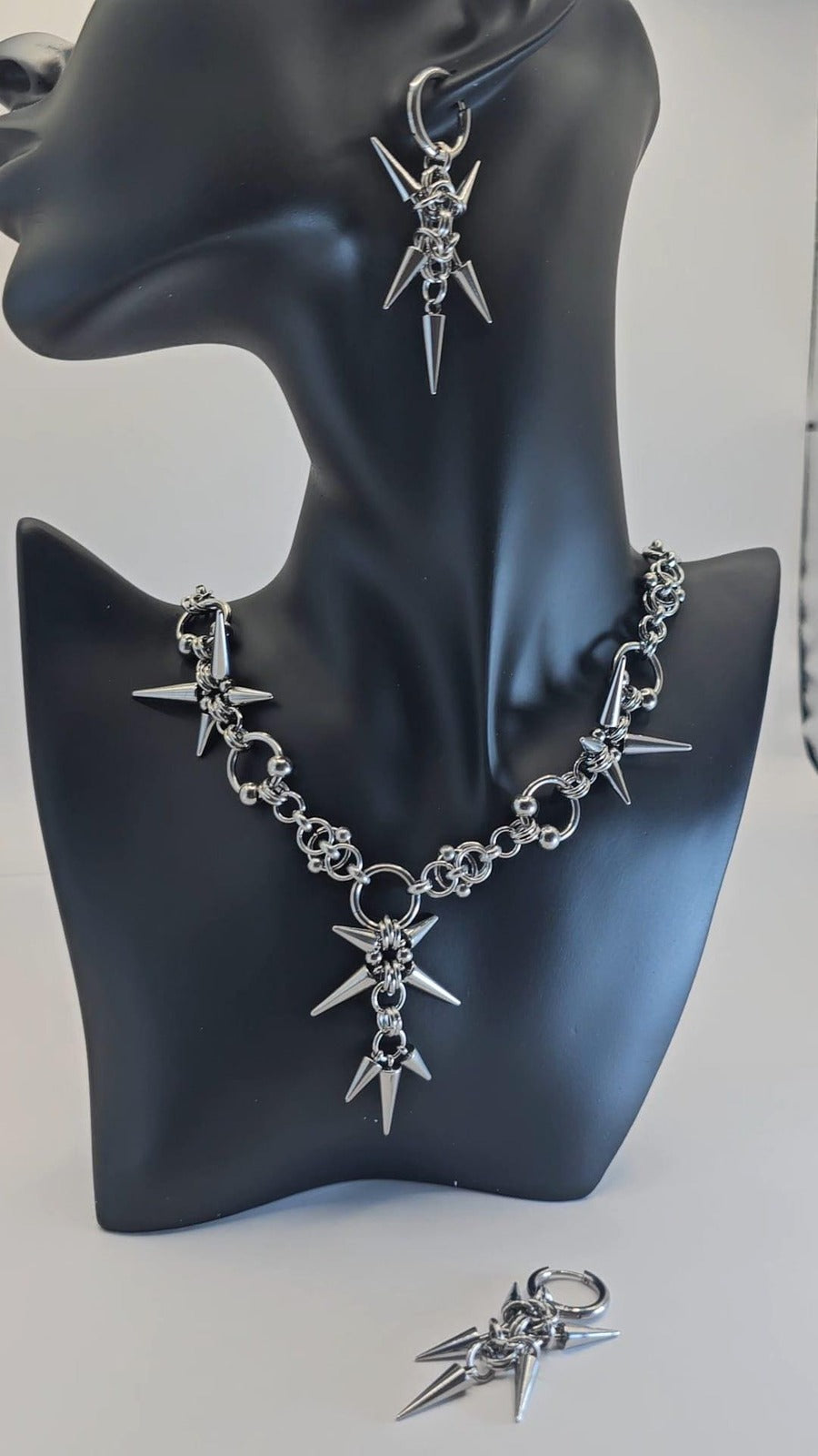 Gothic Spike Necklace Hoop Earring Set | Stainless Steel Punk Chain Jewelry