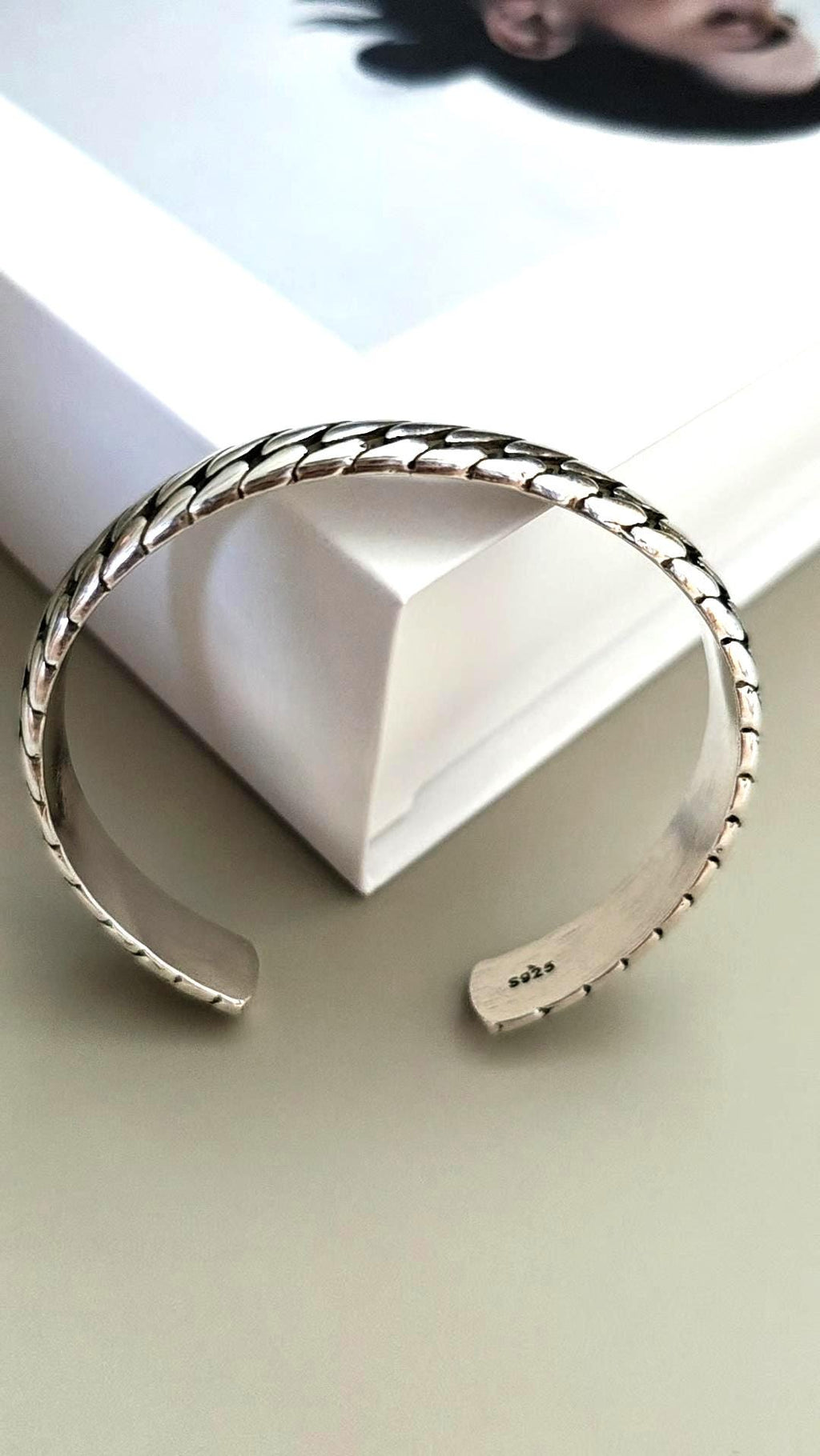 Snake Skin Cuff Bracelet Stainless Steel Silver Coated Modern Minimalist Wrist Jewelry for Men