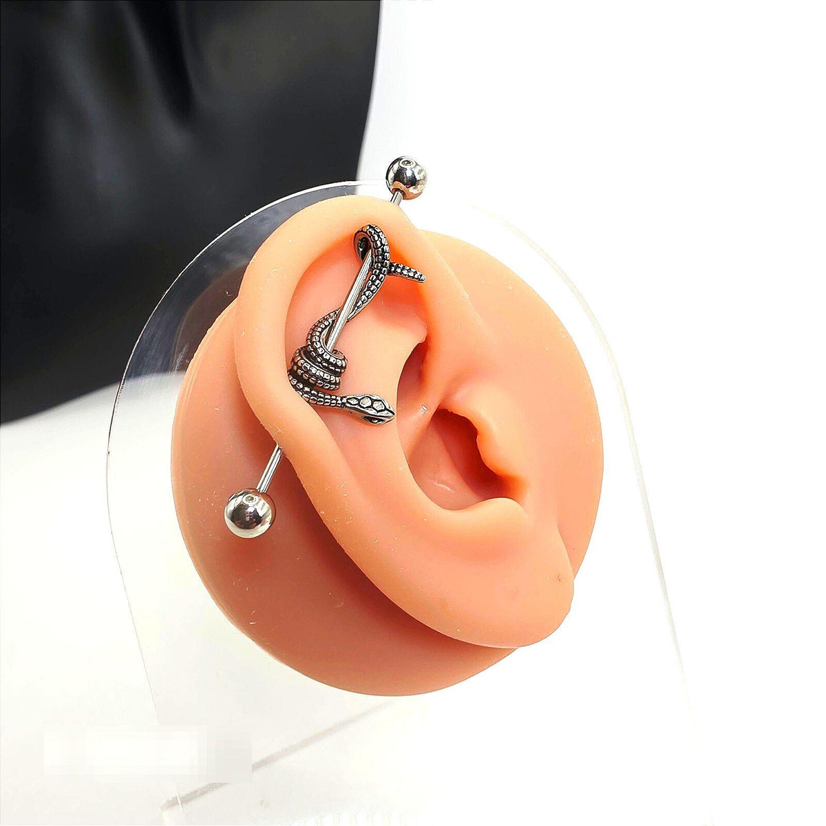 Industrial Barbell Ear Piercing with Snake Design