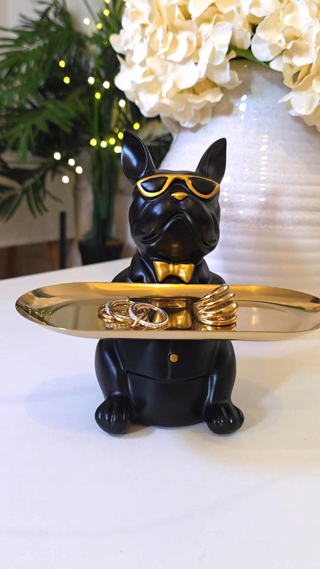 Black French Bulldog Key Holder Tray | Gold Sunglasses, Bowtie Catchall Organizer