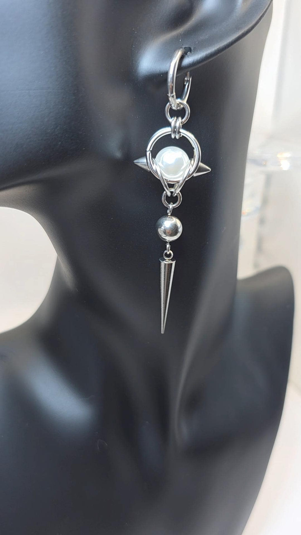Gothic Spike Rivet Pearl Accent  Huggie Hoop Punk Hippie  Earring Stainless Steel