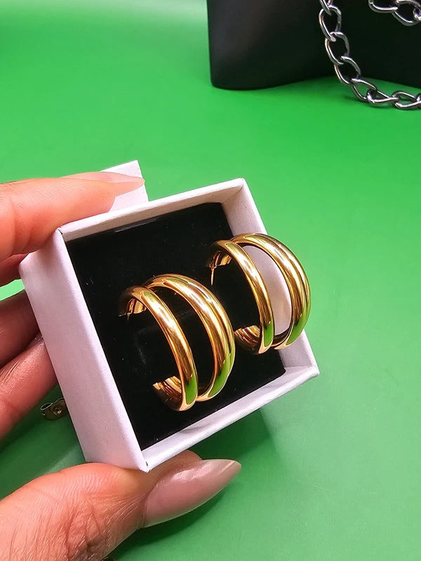 Gold Stainless Steel Triple Hoop Statement Earrings