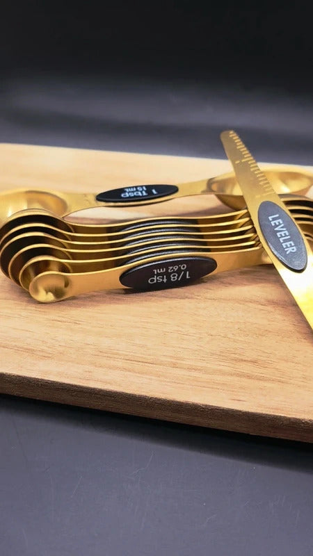 Eight pc Magnetic Measuring Spoons with Ruler  Stainless Steel Gold and Black