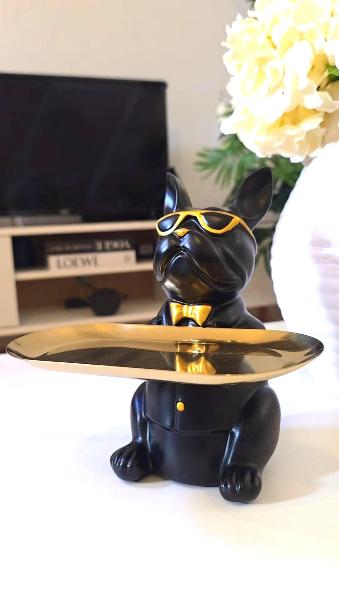 Black French Bulldog Key Holder Tray | Gold Sunglasses, Bowtie Catchall Organizer