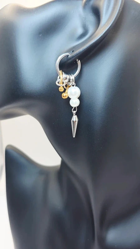 Punk Pearl Spike Hoop Earrings – Mixed Gold & Silver Statement Drop Earrings