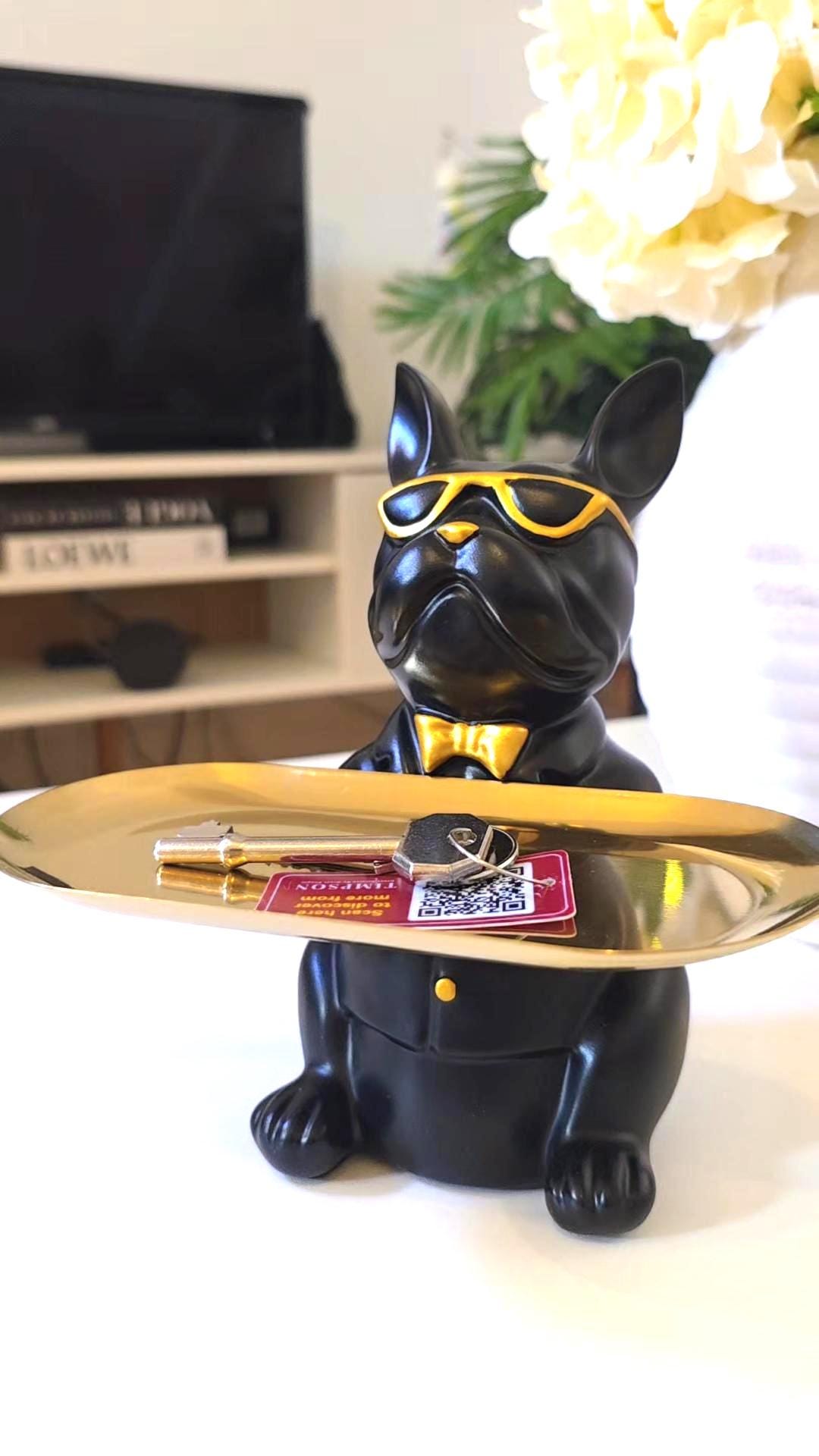 Black French Bulldog Key Holder Tray | Gold Sunglasses, Bowtie Catchall Organizer
