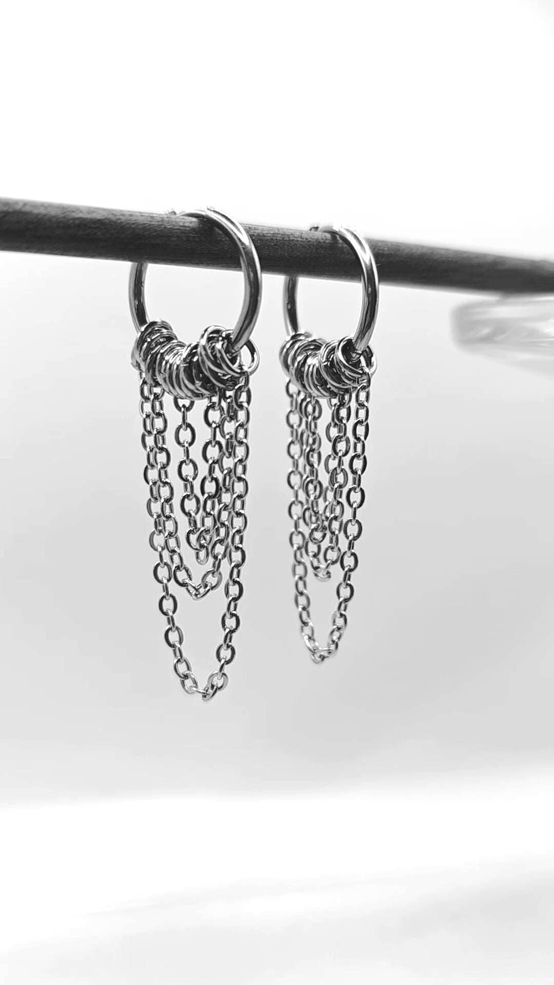 Tripple Chain Huggie Hoop drop Earrings –  Punk Hippie Gothic Chain Earring Stainless Steel