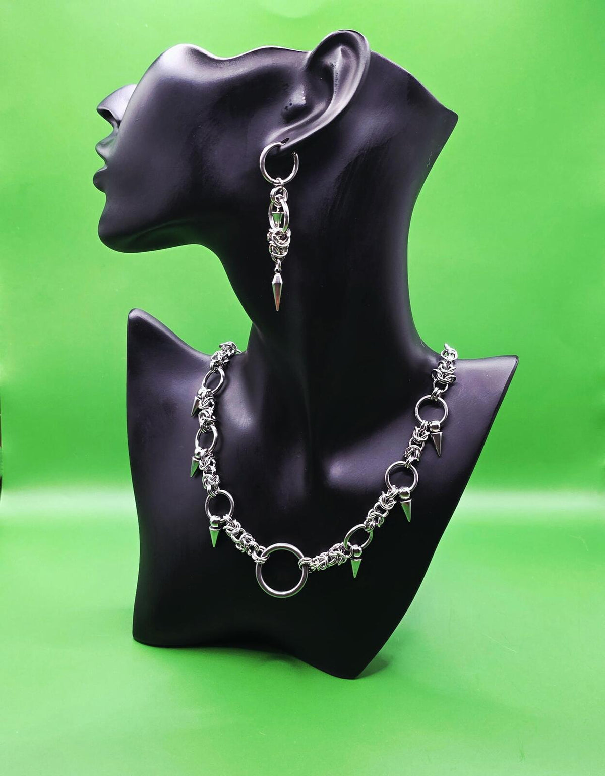 Gothic Spike  Necklace Patchwork Earring Set  Silver-Tone Stainless Steel Punk Jewelry
