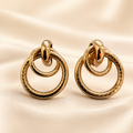 Gold Stainless Steel Double Hoop Drop Earrings –Textured Statement Earrings