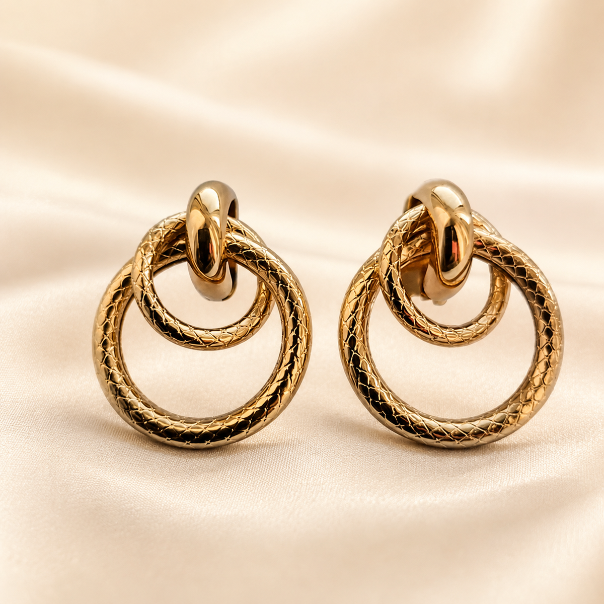 Gold Stainless Steel Double Hoop Drop Earrings –Textured Statement Earrings
