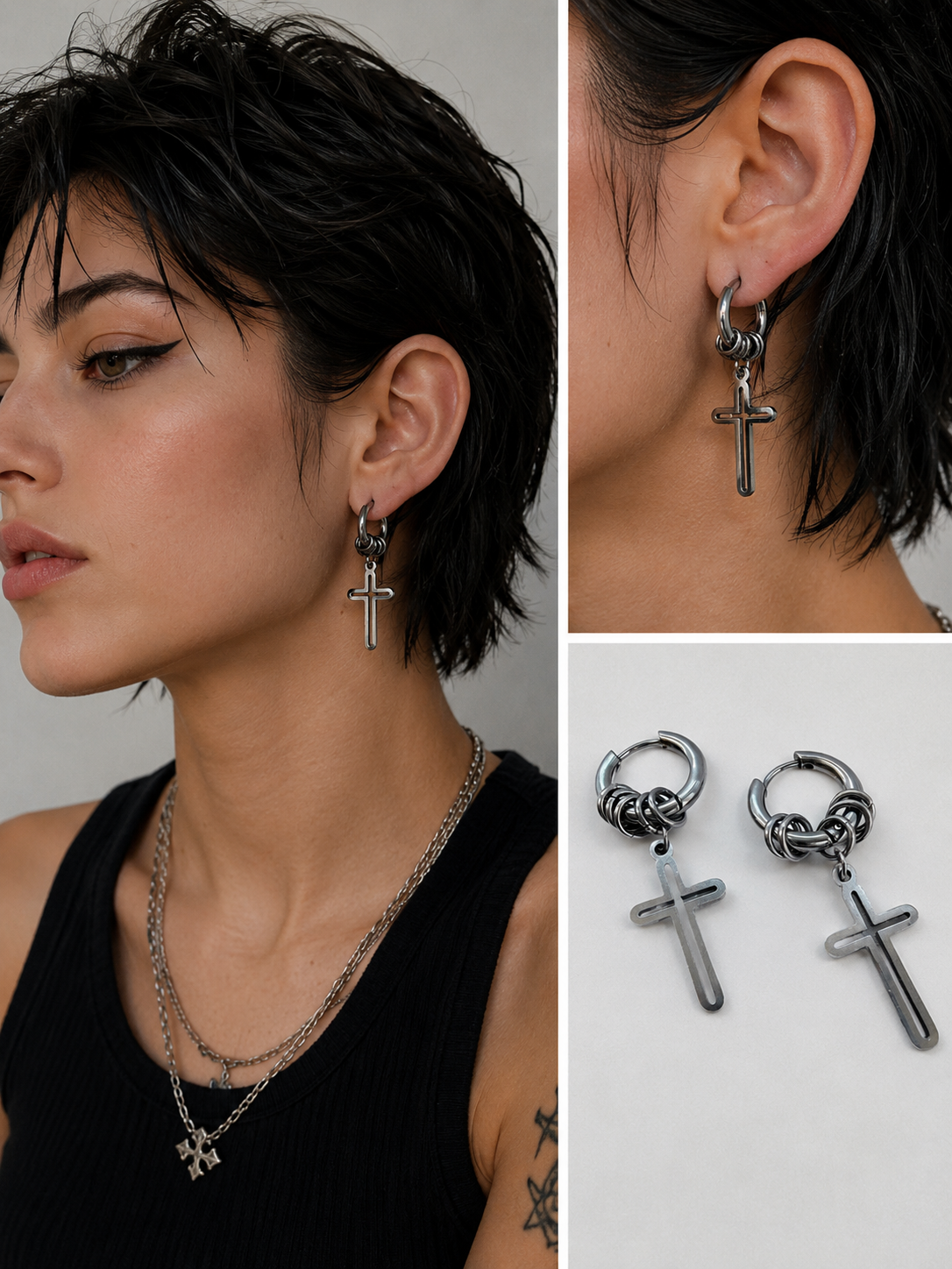 Silver Cross Drop Hoop Earrings | Gothic Punk Jewellery